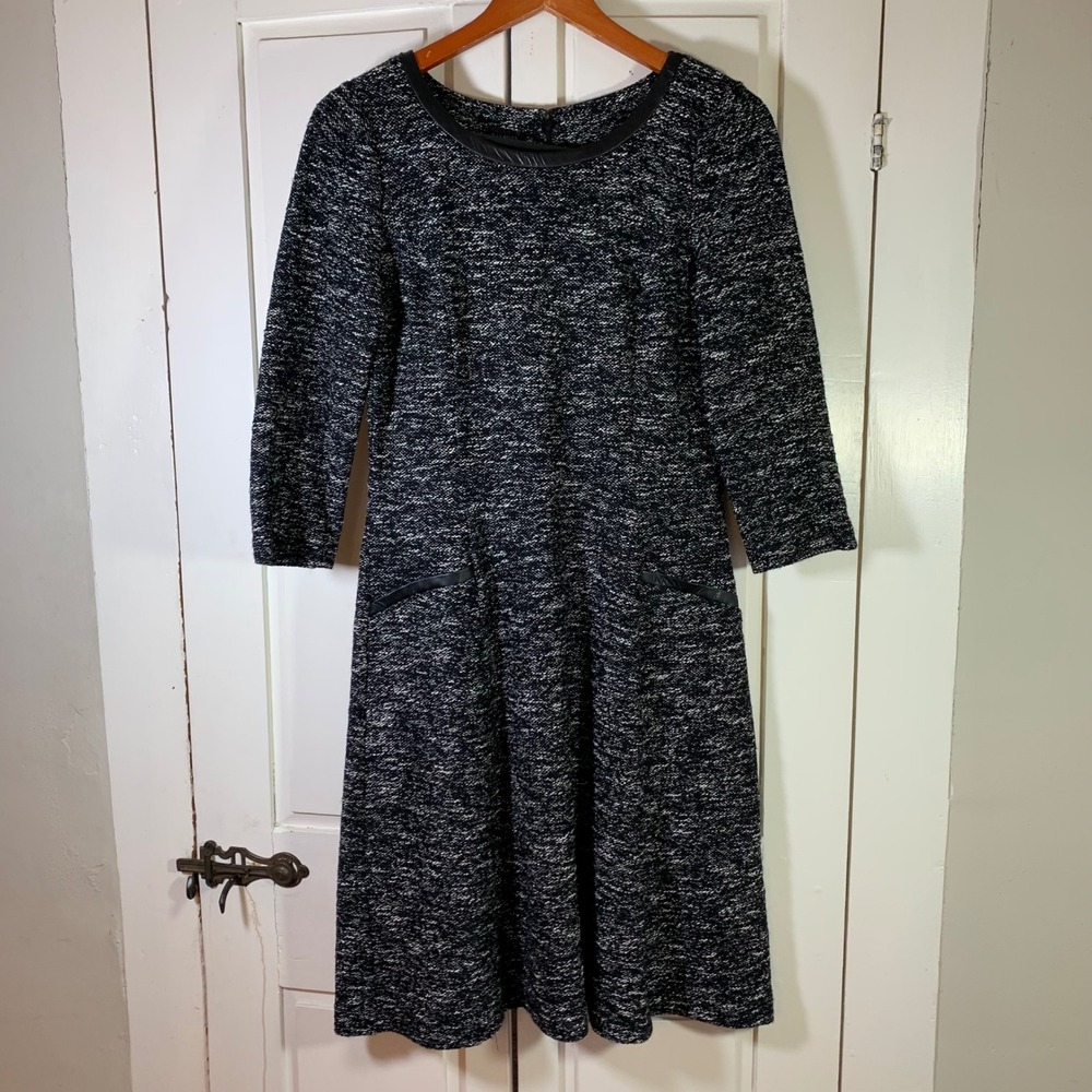 Talbots Black White Tweed A-Line Dress Faux Leather Trim Size 8 Classic FLAWS